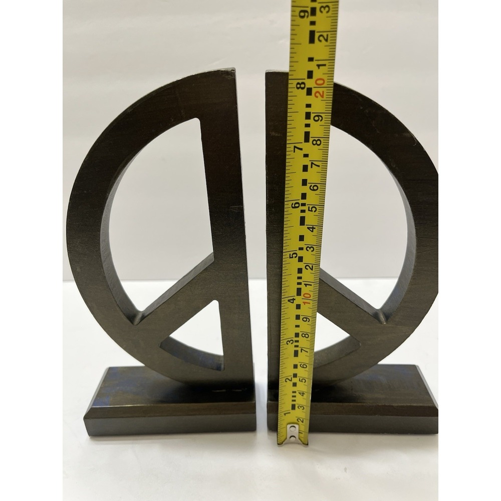 Peace Sign Bookends Wood Painted Black Over Blue 8x4" Lightweight Decorative - Picture 6 of 7